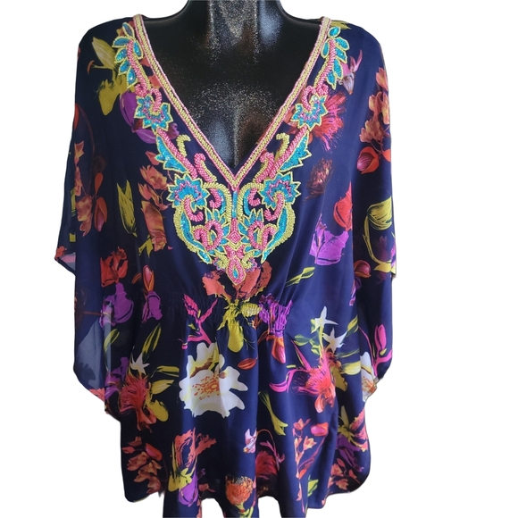Lucky & Coco Blue Floral Print Beaded V Neck Kaftan Style Beach Cover Up - Picture 1 of 7